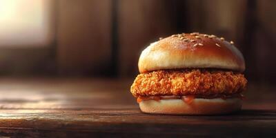 Crispy chicken sandwich with sesame seed bun and sauce on wooden table during warm evening light photo