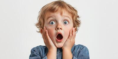 Young child displays surprise with wide eyes and an open mouth, hands on face in a neutral background photo