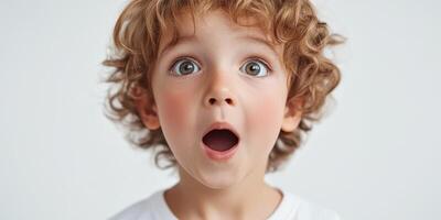 Child expresses surprise with wide eyes and open mouth in a bright indoor setting, showcasing innocence and wonder photo