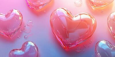 Colorful heart-shaped ice cubes scattered across a surface with delicate water droplets photo