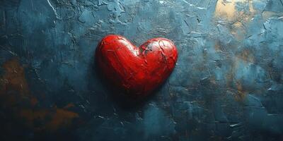 Red heart sculpture on textured blue background creates emotional and artistic expression photo