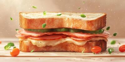 Perfectly layered sandwich with delicious fillings on artisanal bread in a cozy setting photo