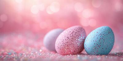 Colorful glittery Easter eggs arranged against a sparkling pink background during spring celebrations photo