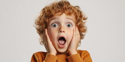 Boy expressing surprise with wide eyes and open mouth, hands on his cheeks, against a light background photo