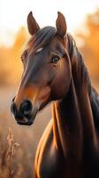 Majestic brown horse stands gracefully in golden light during sunset in a serene meadow photo
