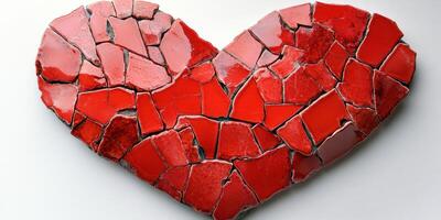 Red heart mosaic made from broken ceramic pieces on a white background photo