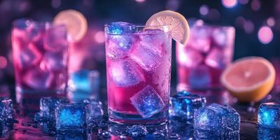 Colorful cocktails with ice and lemon slice on a table with vibrant background lights during an evening gathering photo
