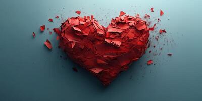 Red heart made of textured paper pieces against a calm blue background conveying emotions of love and creativity photo