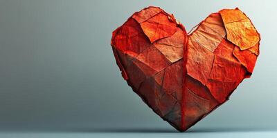 Heart shaped sculpture made of crumpled red leaves placed on a smooth surface in a minimalistic setting photo