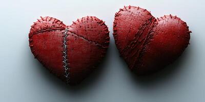 Creative red stitched hearts symbolizing love and connection on a neutral background in soft lighting photo