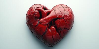 Cracked red heart sculpture symbolizing love, vulnerability, and emotional depth in contemporary art photo