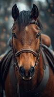 Majestic brown horse with a strong expression stands ready for adventure in a misty forest setting photo