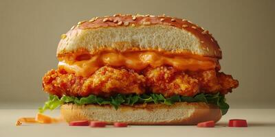 Crispy fried chicken sandwich with sesame bun and spicy sauce on lettuce and tomato, presented on a simple background photo
