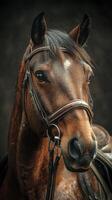 Brown horse with a glossy coat and detailed bridle stands proudly against a dark background at a riding stable photo