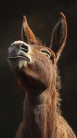 Close-up of a donkey with a serene expression illuminated by soft light in a natural setting photo