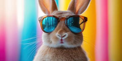 Cool rabbit wearing sunglasses poses against a colorful background in bright light photo