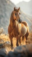 Golden horse stands majestically in the sunlit landscape of rolling hills during the golden hour photo