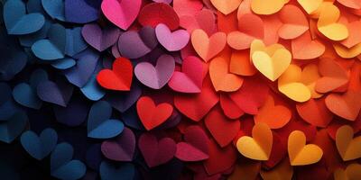 Colorful paper hearts arranged beautifully in a vibrant display for decoration or celebration photo