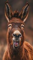 Happy brown donkey smiles joyfully in a natural setting during golden hour light photo