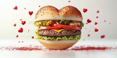 Delicious heart-shaped burger with fresh toppings and love-themed decorations for a festive occasion photo