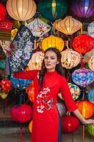 A woman in traditional Vietnamese clothes against the background of lanterns in the ancient city of Hoi An photo