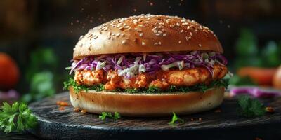 Delicious spicy chicken sandwich with fresh vegetables on a wooden platter photo