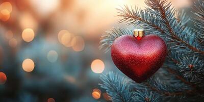 Heart-shaped ornament hanging from a pine tree branch during the festive season with soft glowing lights in the background photo