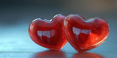 Two vibrant red heart-shaped objects resting on a reflective surface, symbolizing love and affection in an artistic setting photo
