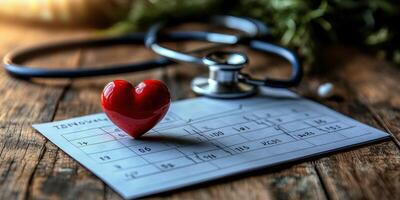 Heart symbol on a medical appointment calendar with a stethoscope laid out on a wooden table photo