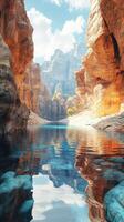 Stunning canyon reflection in clear waters showcasing vibrant rock formations and majestic cliffs under bright blue sky photo