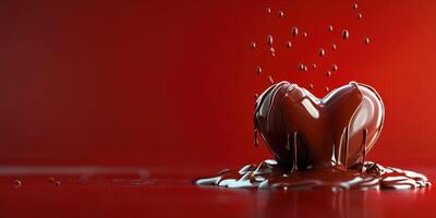 Heart shaped chocolate melts in a rich pool on a vibrant red background creating a romantic atmosphere photo