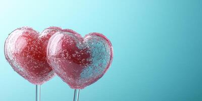 Two heart-shaped candy lollipops on a blue background in a sweet and playful display for festive occasions photo