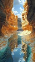 Majestic canyon with vibrant rock formations and tranquil water reflecting the sky during daylight photo
