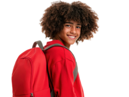 Smiling Student with Red Backpack and Curly Hair on a Transparent Background png