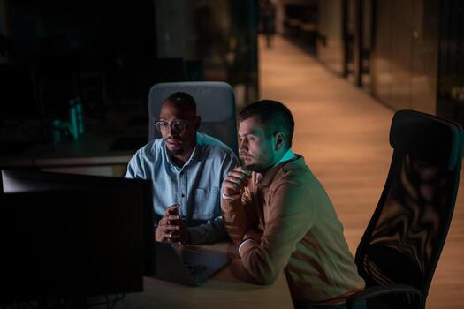 Focused multicultural team collaborating late at night, analyzing data and strategy. Concepts of teamwork, productivity, and business innovation in a modern open space office startup coworking photo