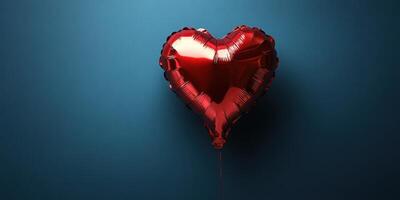 Bright red heart-shaped balloon floating against a blue wall creating a romantic atmosphere photo