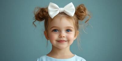 Young girl with a cheerful smile and white bow in her hair against a soft blue background photo