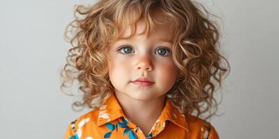 Child with curly hair wearing orange shirt stands against neutral background showcasing curious expression photo