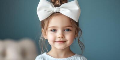 Smiling girl with a big white bow and charming blue eyes in a softly lit room photo