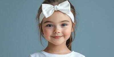 Smiling young girl with a white headband on a blue background enjoying a playful moment photo