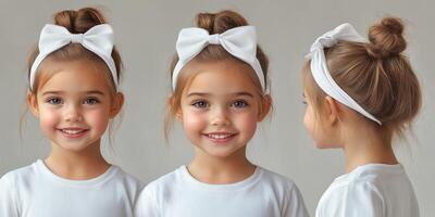 Charming young girl with a white bow headband smiling against a neutral background in a light shirt photo