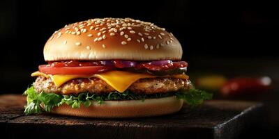 Juicy grilled chicken burger with melted cheese, fresh vegetables, and rich toppings ready to satisfy hunger photo
