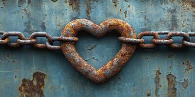 Rustic heart-shaped lock linked by chain on weathered blue metal surface photo
