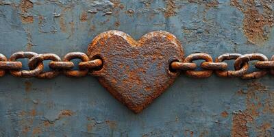 Heart-shaped lock surrounded by rusty chain against a weathered blue background photo
