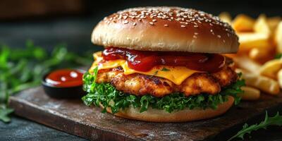 Delicious grilled chicken burger with melted cheese served with crispy fries and tangy ketchup on a rustic wooden board photo