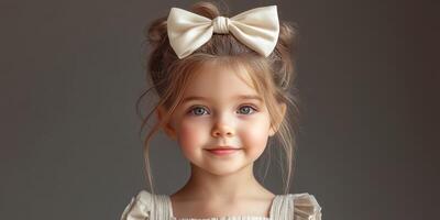 Young girl smiling with a large bow in her hair, captured in soft natural light with a neutral background during the afternoon photo
