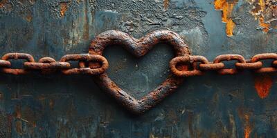 Heart-shaped rusted chain links against a textured metal background convey themes of love and strength photo