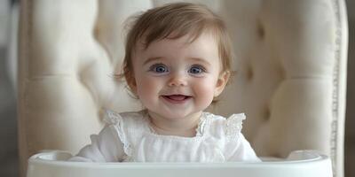 Smiling baby in a high chair enjoying playful moments at home during bright daylight photo
