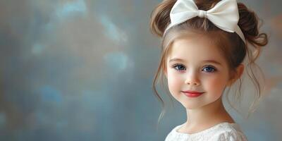 Young girl with a white bow hairstyle smiling against a blurred background in soft colors photo