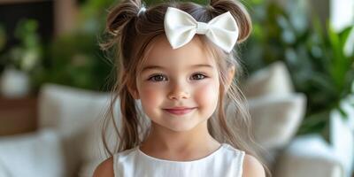 Young girl with white bow smiles happily in a cozy indoor setting surrounded by plants during daytime photo